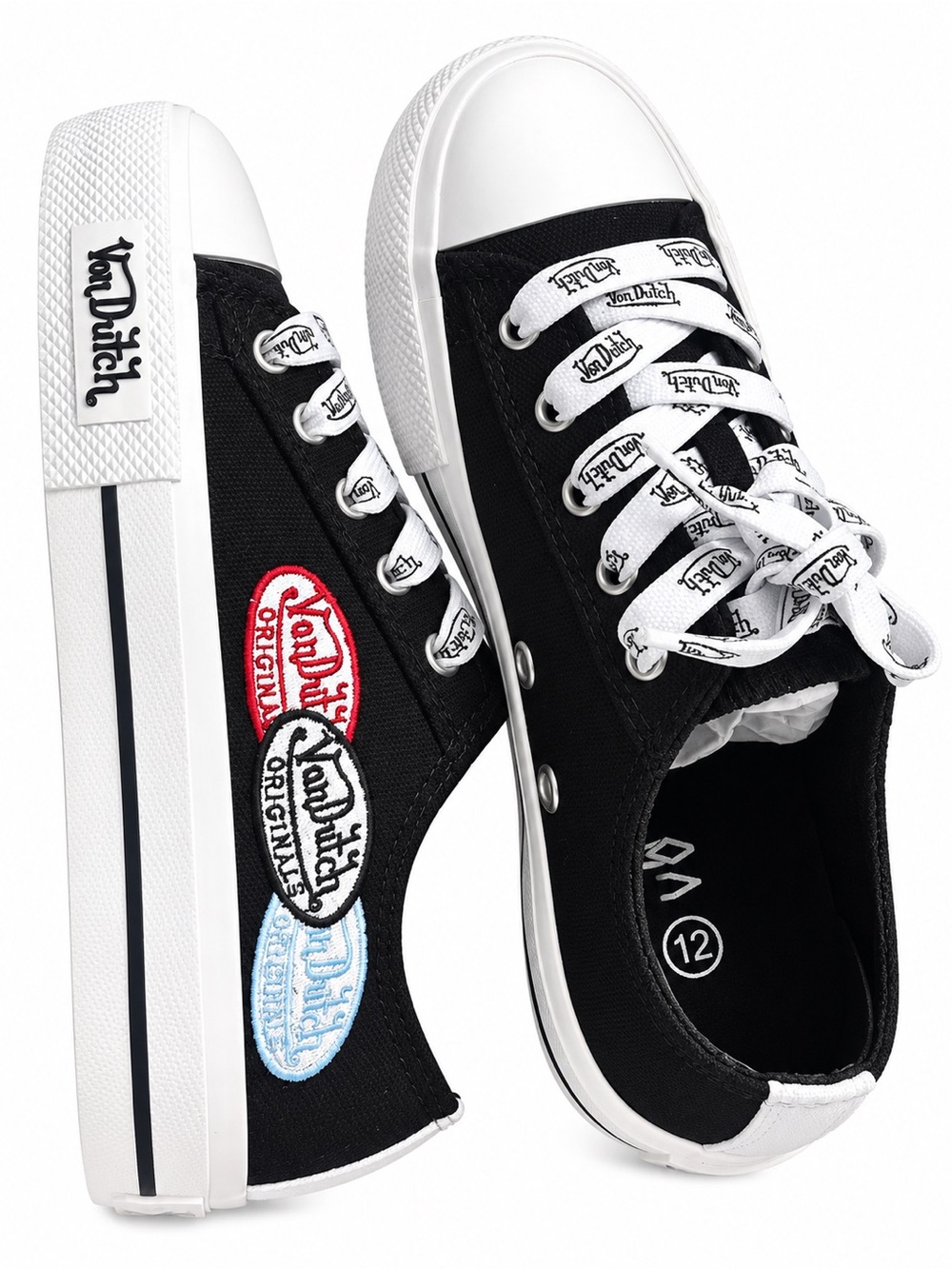 Von Dutch Black Canvas Low Top Sneakers with Patch Accents